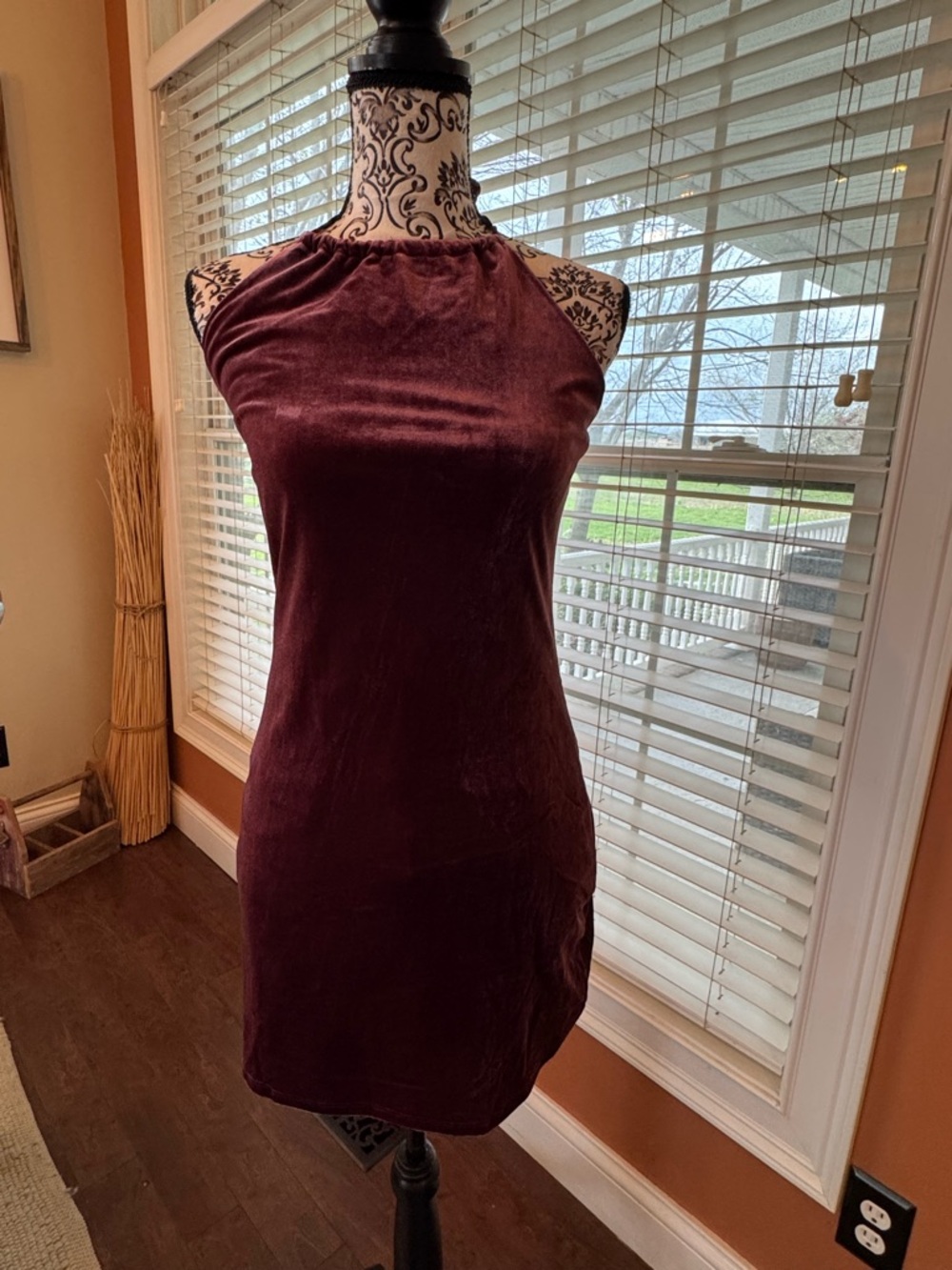 Burgundy Velvet Halter Mini Dress Size Small | Holiday Party - Picture 5 of 7